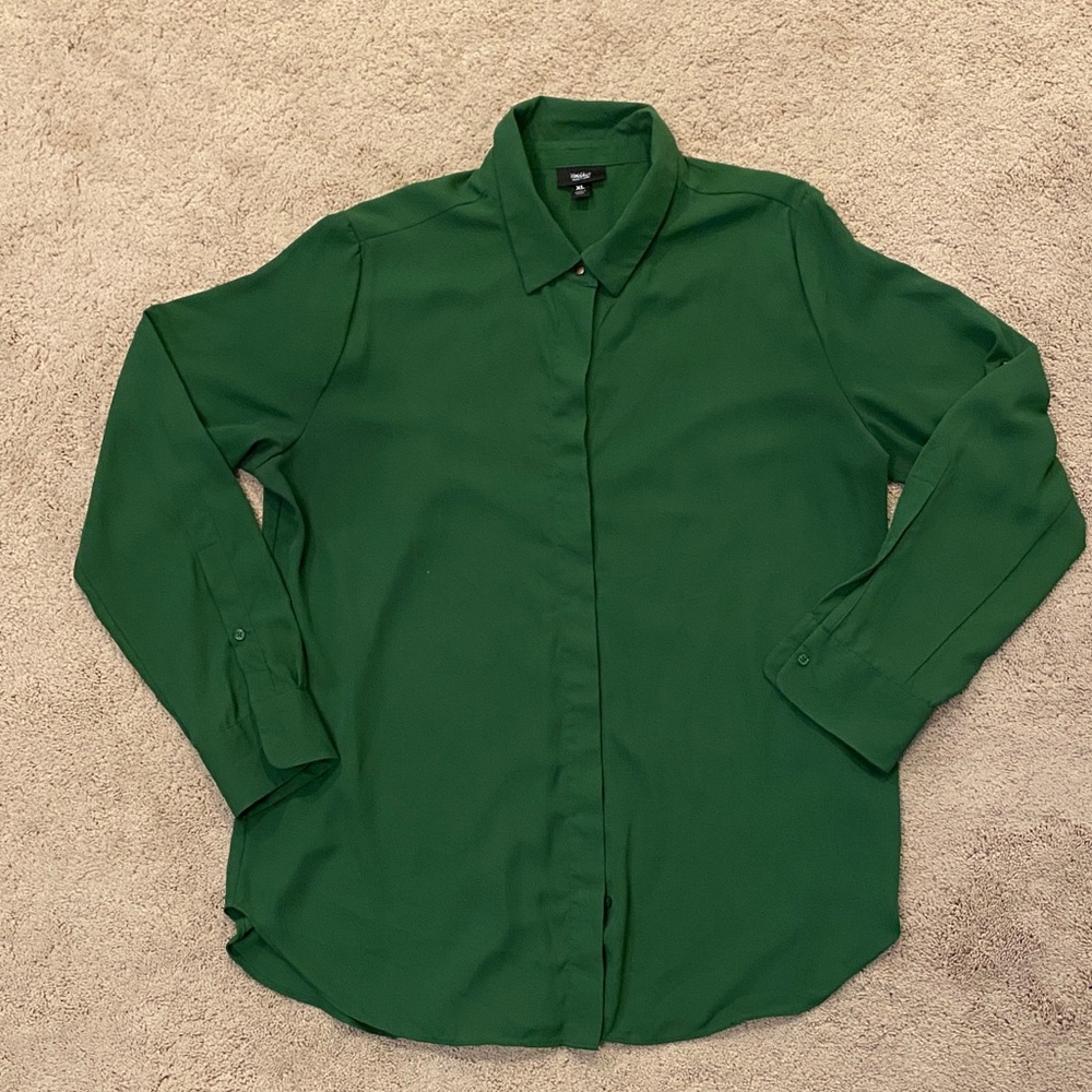 Mossimo Deep Green V-Neck Blouse with Subtle Collar